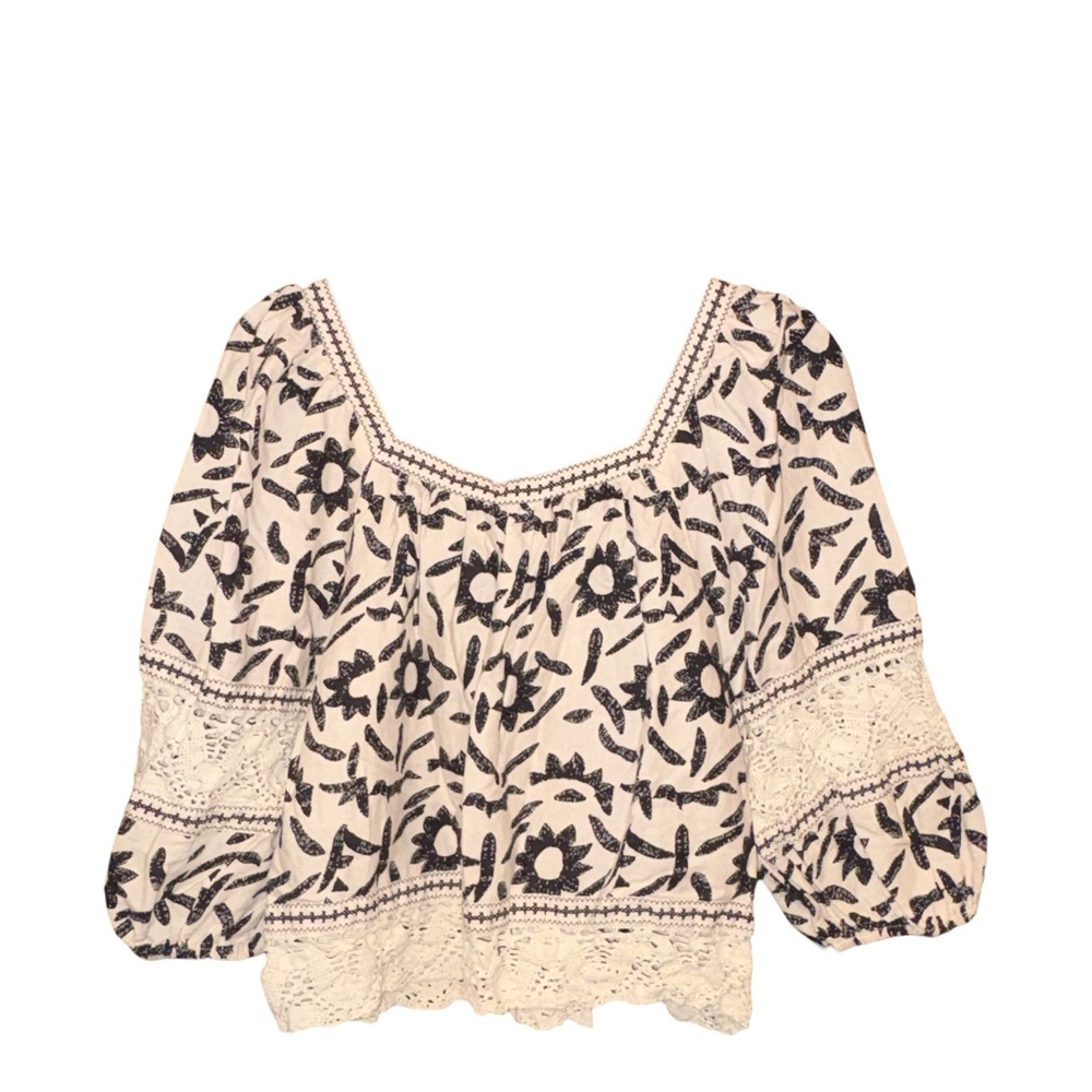 Christian Siriano Boho Peasant Top Cream Black Floral Lace Small AR41 - Picture 3 of 4